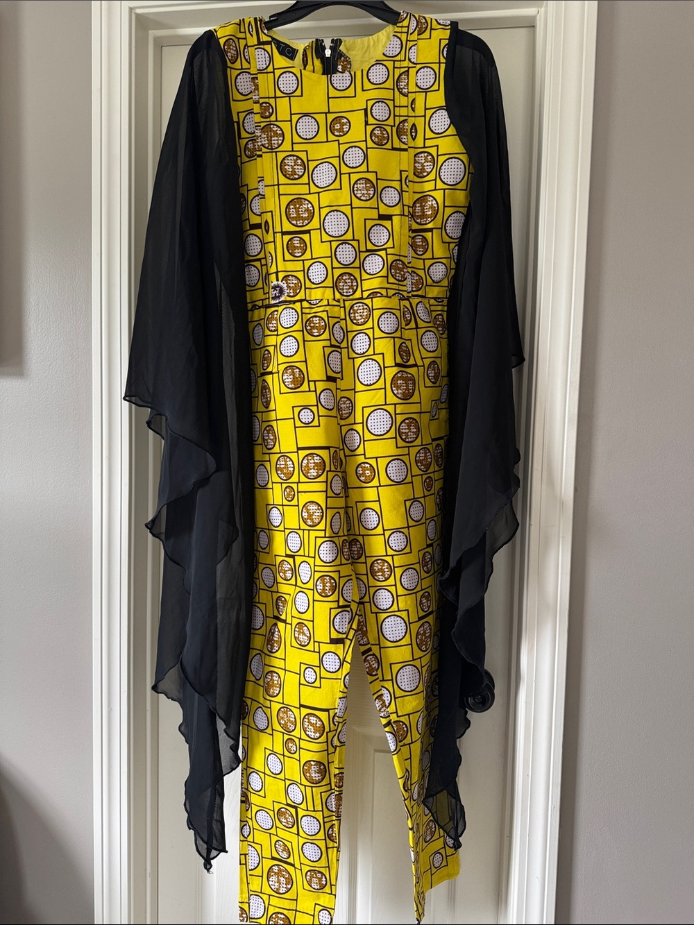 Yellow Geometric Print Jumpsuit with Black Sheer cascading sleeves